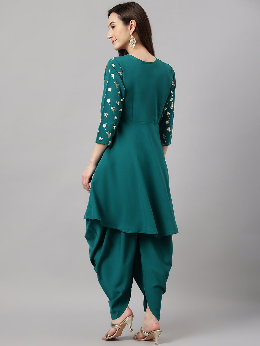 Janasya Women's Peacock Green Crepe Foil Printed Flared Party Kurta Set | Swadesiicart