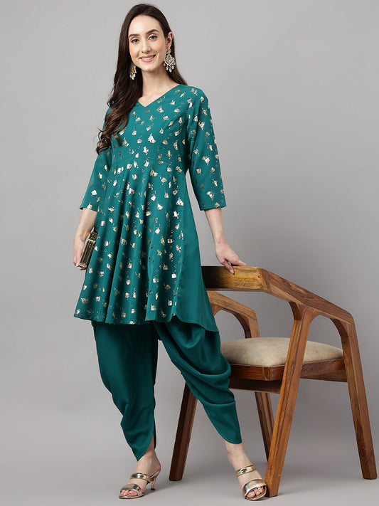 Janasya Women's Peacock Green Crepe Foil Printed Flared Party Kurta Set | Swadesiicart