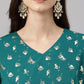 Janasya Women's Peacock Green Crepe Foil Printed Flared Party Kurta Set | Swadesiicart