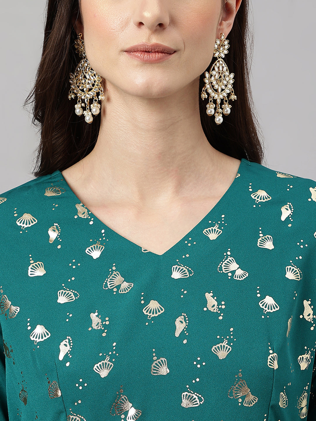 Janasya Women's Peacock Green Crepe Foil Printed Flared Party Kurta Set | Swadesiicart