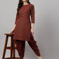 Janasya Women's Brown Crepe Foil Printed Straight Festive Kurta Set | Swadesiicart