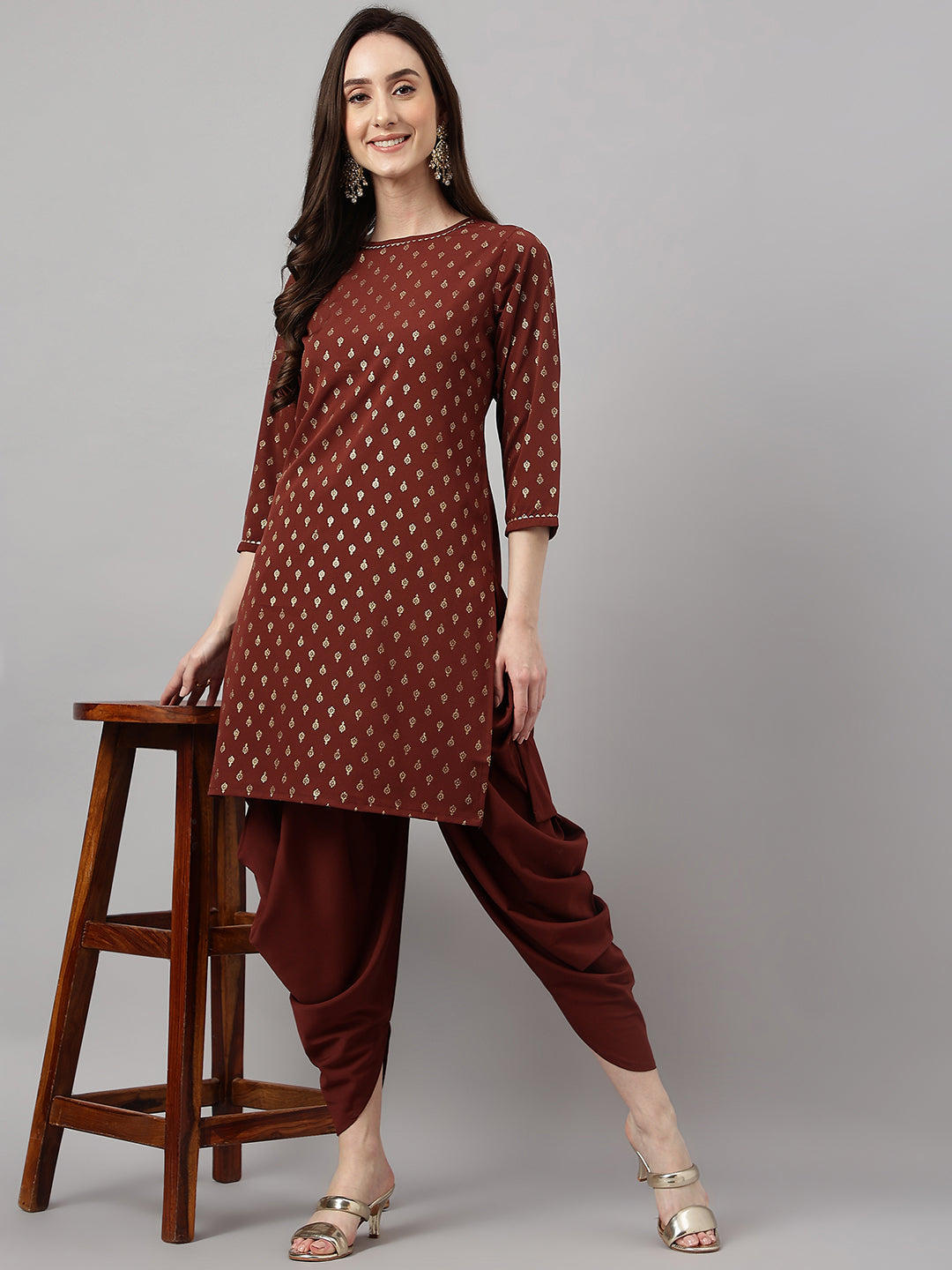 Janasya Women's Brown Crepe Foil Printed Straight Festive Kurta Set | Swadesiicart