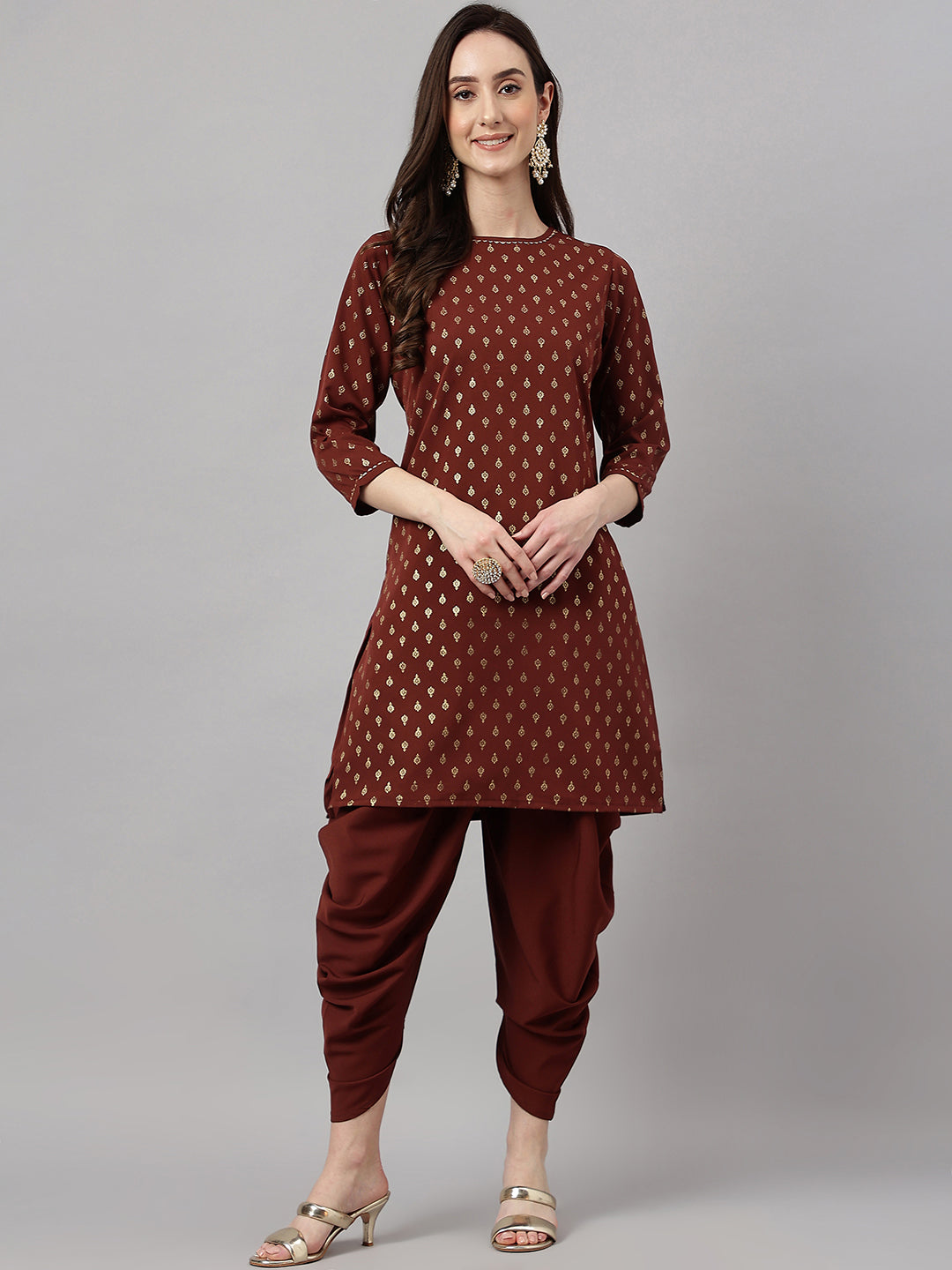 Janasya Women's Brown Crepe Foil Printed Straight Festive Kurta Set | Swadesiicart