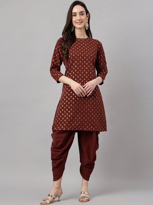 Janasya Women's Brown Crepe Foil Printed Straight Festive Kurta Set | Swadesiicart