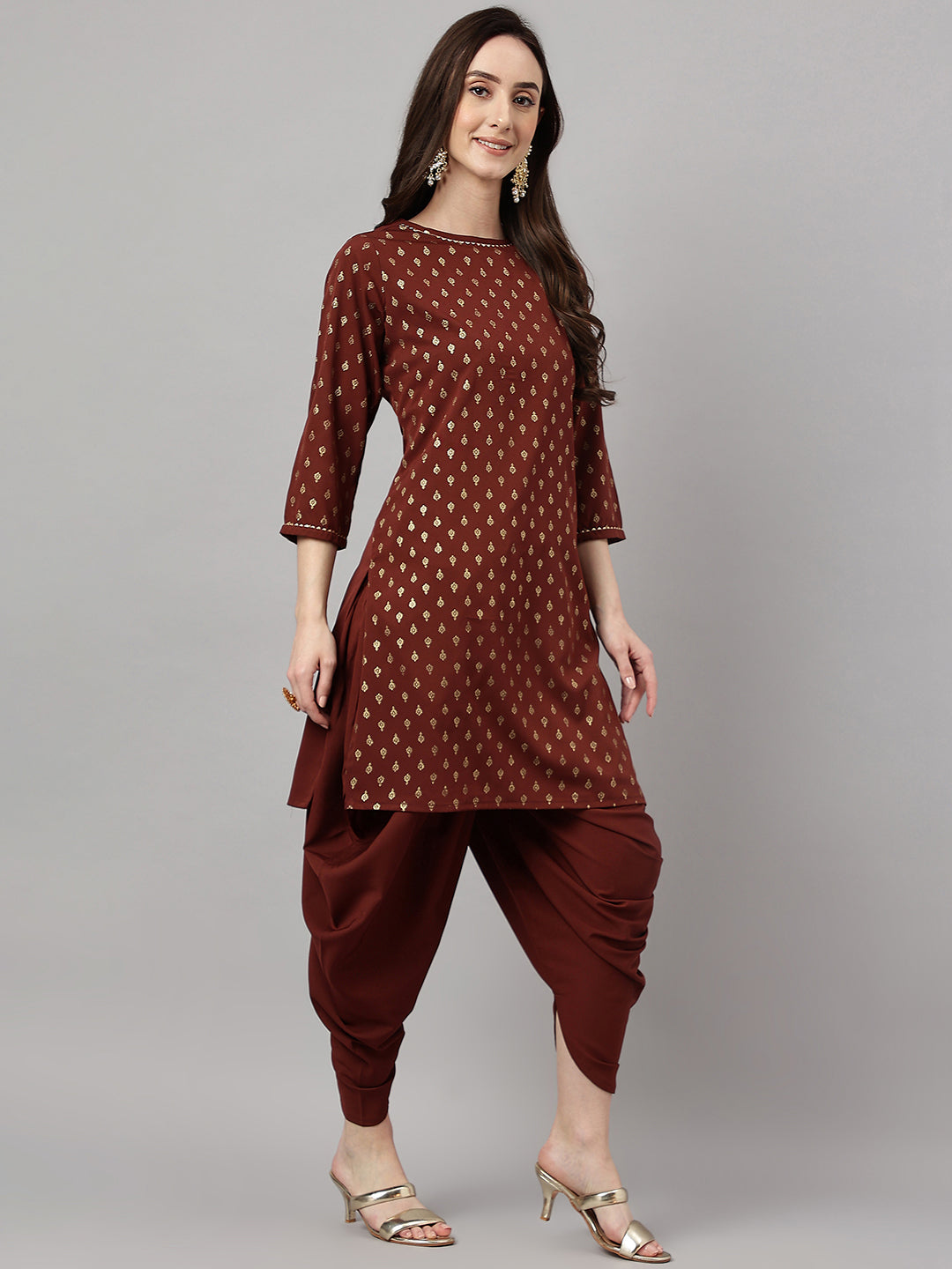 Janasya Women's Brown Crepe Foil Printed Straight Festive Kurta Set | Swadesiicart
