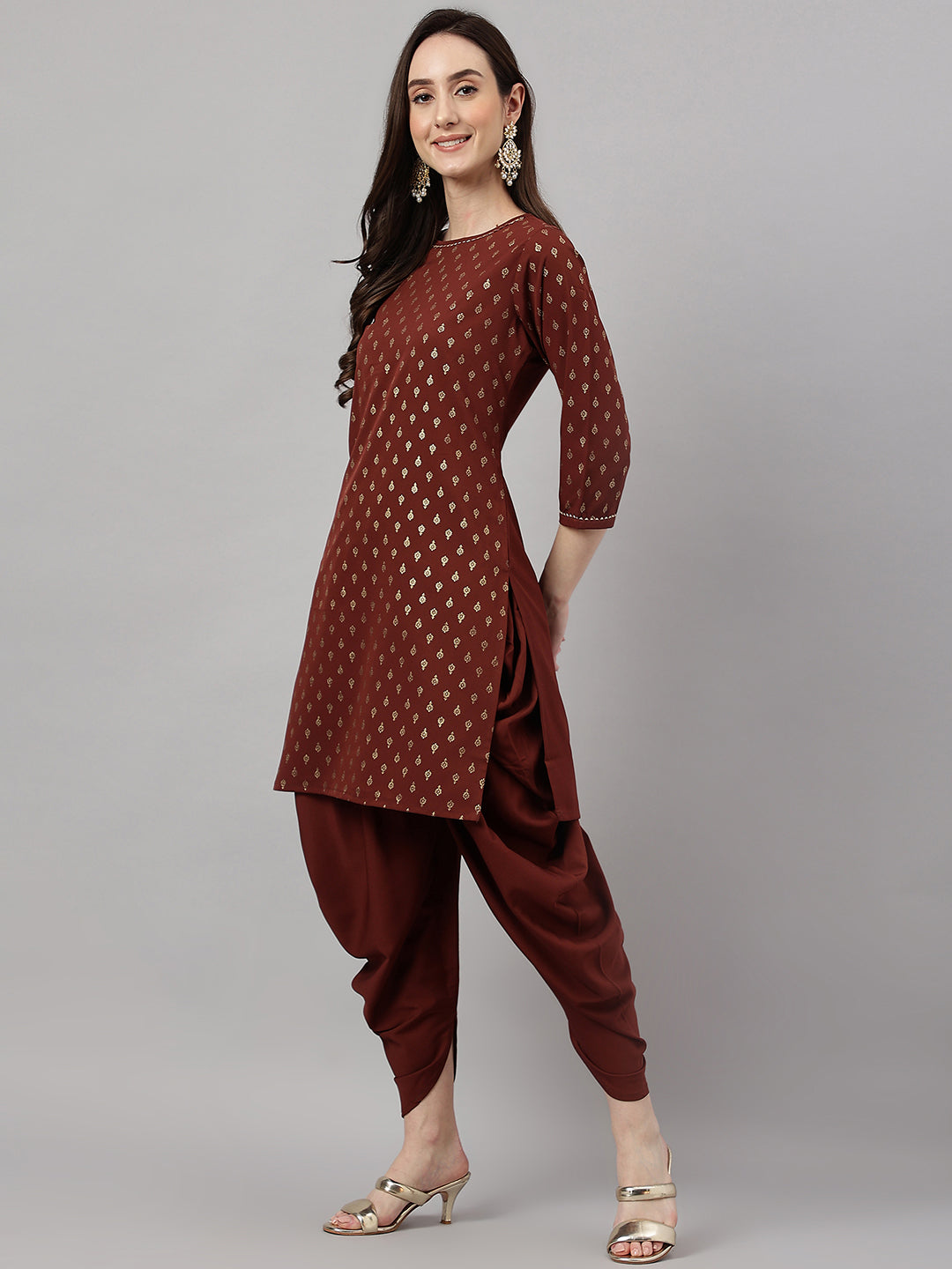 Janasya Women's Brown Crepe Foil Printed Straight Festive Kurta Set | Swadesiicart