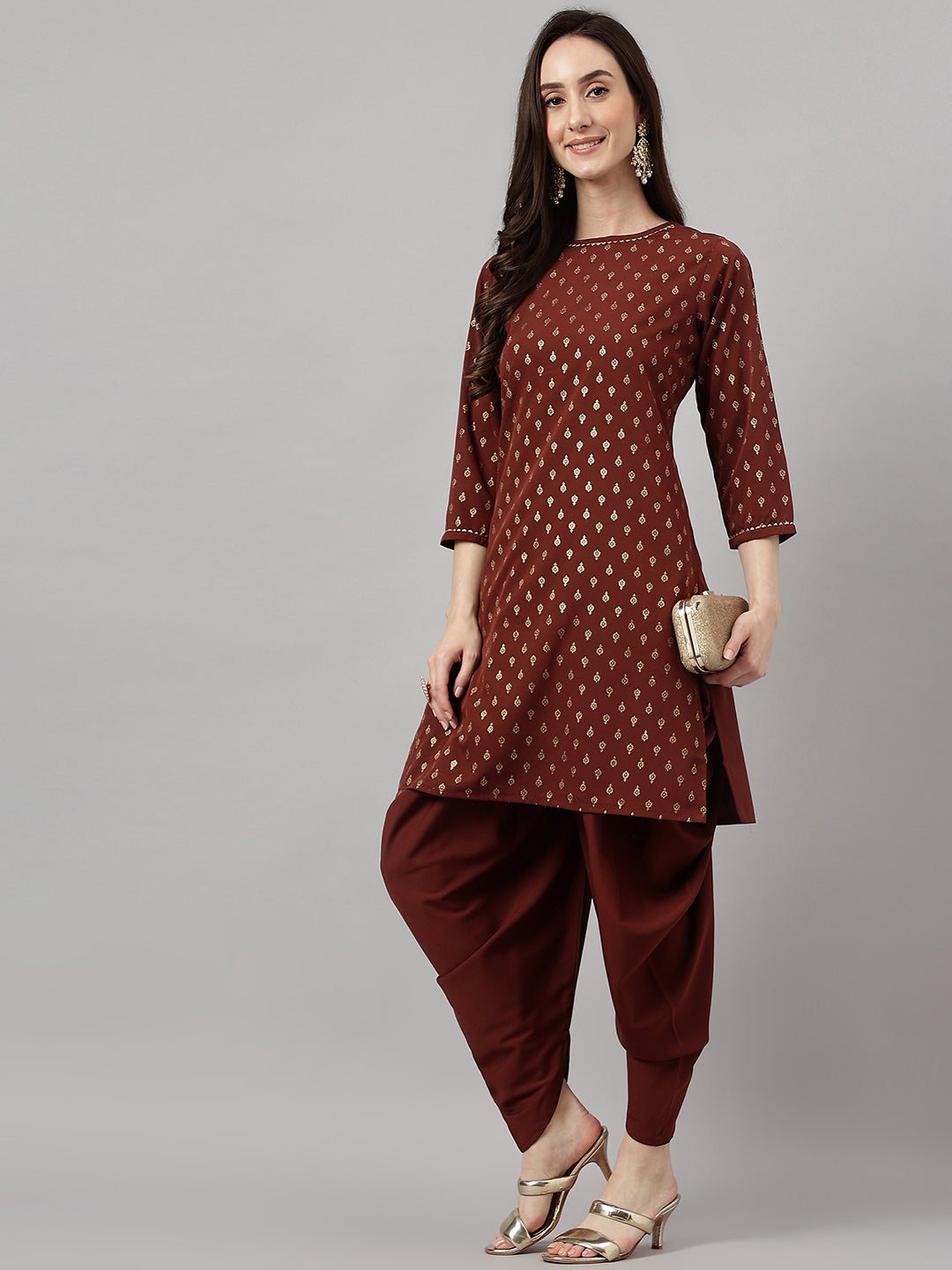 Janasya Women's Brown Crepe Foil Printed Straight Festive Kurta Set | Swadesiicart