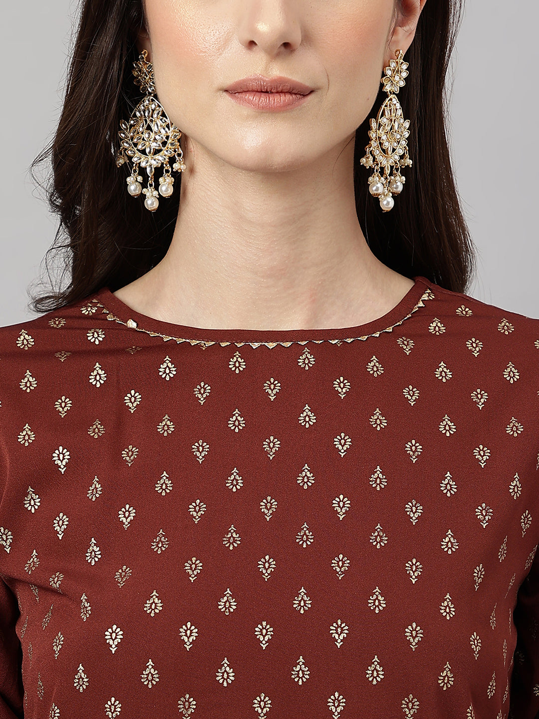 Janasya Women's Brown Crepe Foil Printed Straight Festive Kurta Set | Swadesiicart