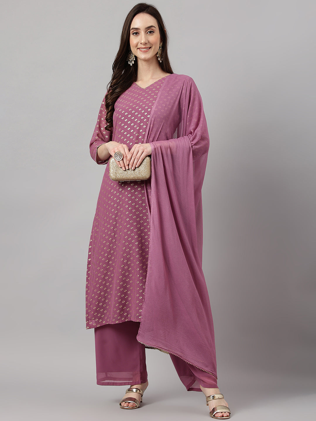 Janasya Women's Purple Georgette Foil Printed Straight Festive Kurta Set | Swadesiicart