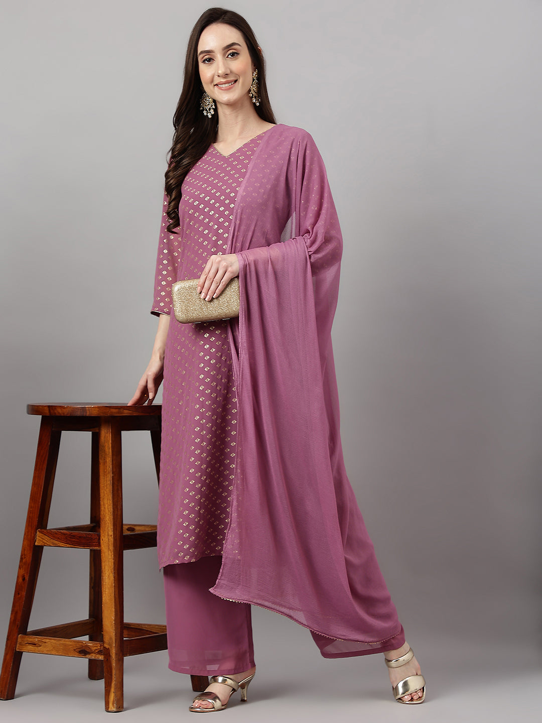Janasya Women's Purple Georgette Foil Printed Straight Festive Kurta Set | Swadesiicart