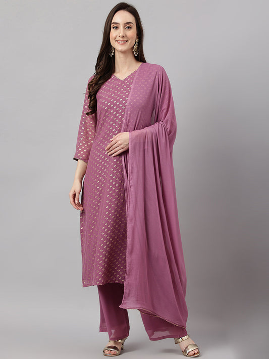 Janasya Women's Purple Georgette Foil Printed Straight Festive Kurta Set | Swadesiicart