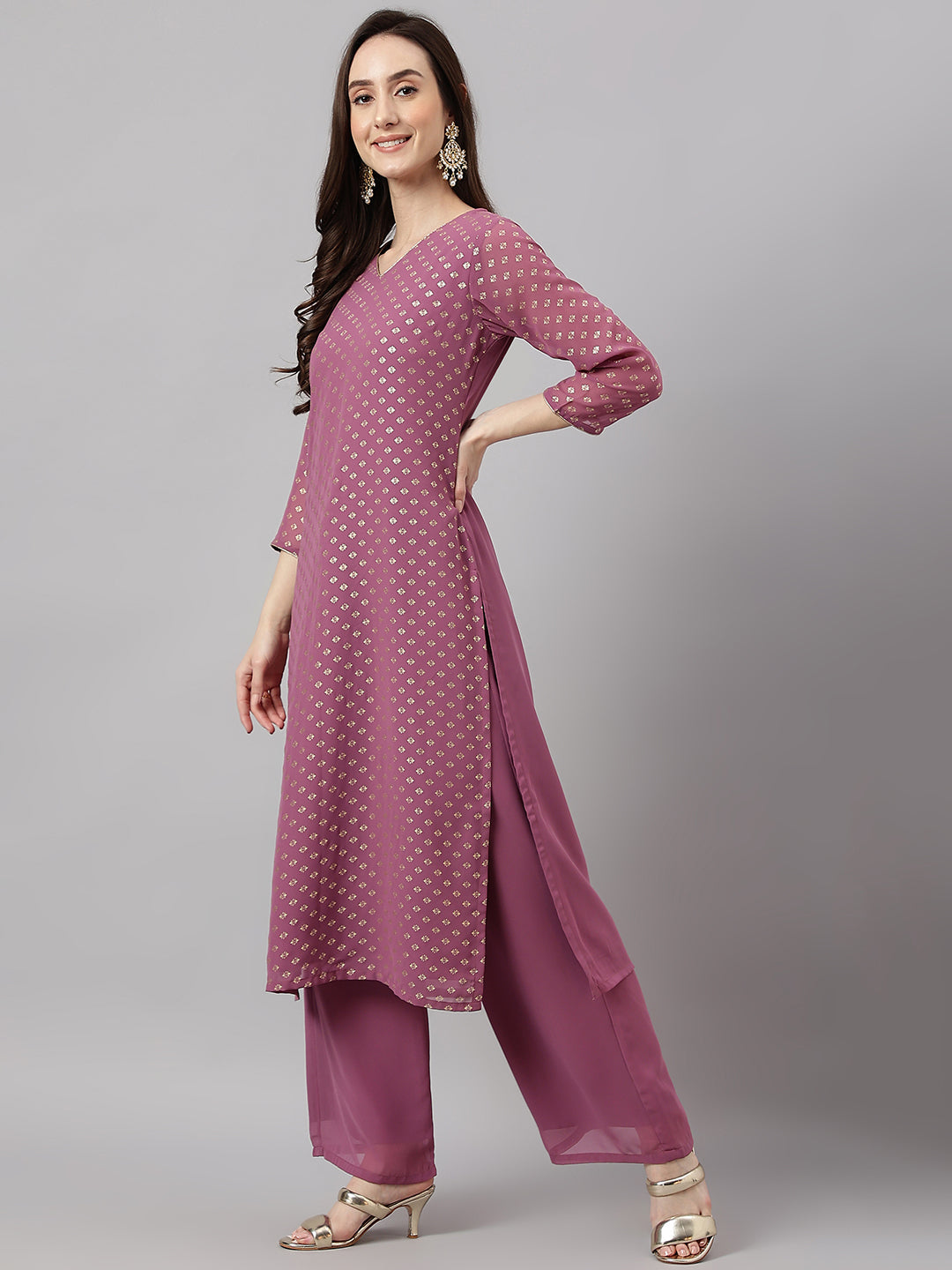 Janasya Women's Purple Georgette Foil Printed Straight Festive Kurta Set | Swadesiicart
