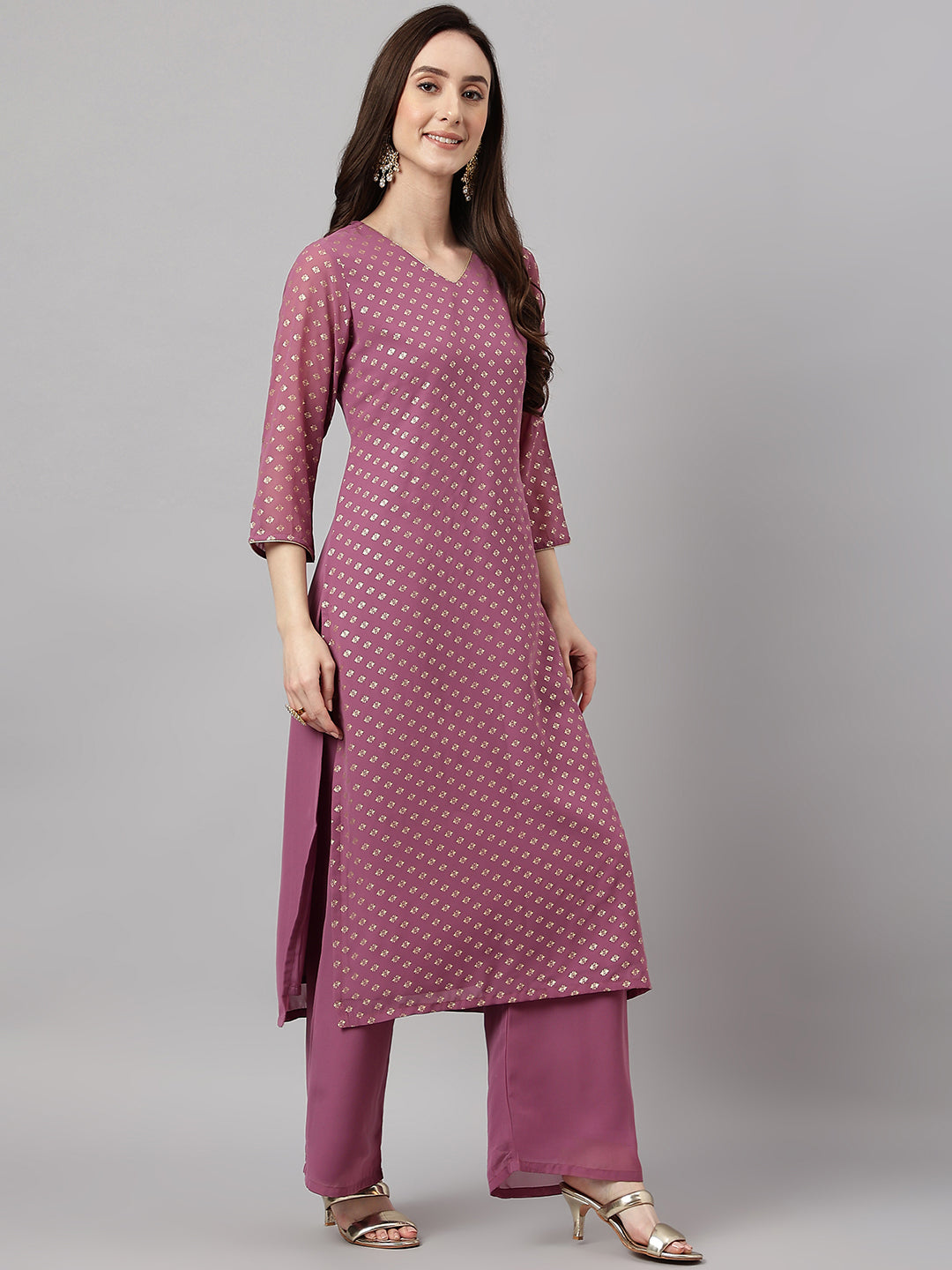 Janasya Women's Purple Georgette Foil Printed Straight Festive Kurta Set | Swadesiicart
