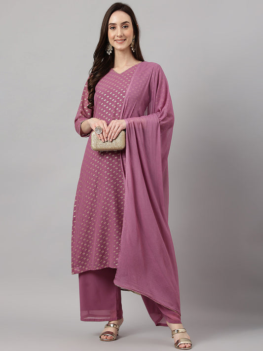 Janasya Women's Purple Georgette Foil Printed Straight Festive Kurta Set | Swadesiicart