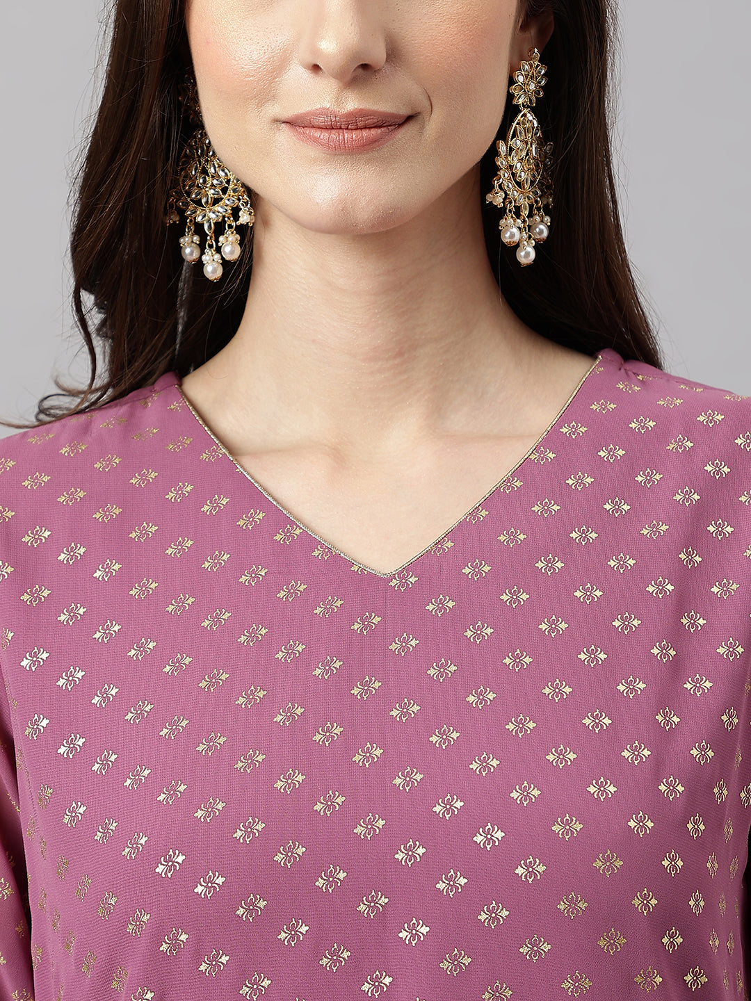 Janasya Women's Purple Georgette Foil Printed Straight Festive Kurta Set | Swadesiicart