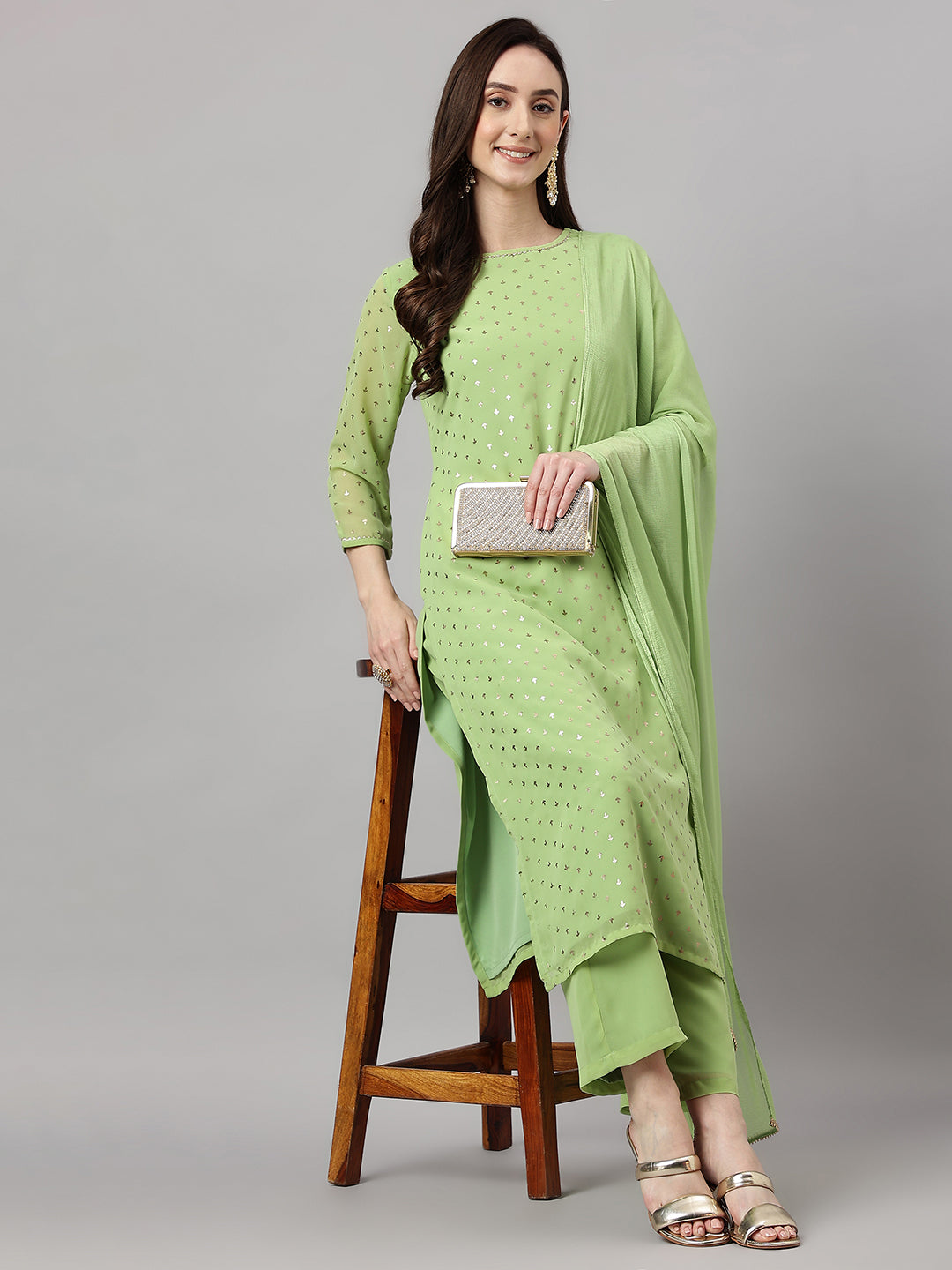 Janasya Women's Green Georgette Foil Printed Straight Festive Kurta Set | Swadesiicart