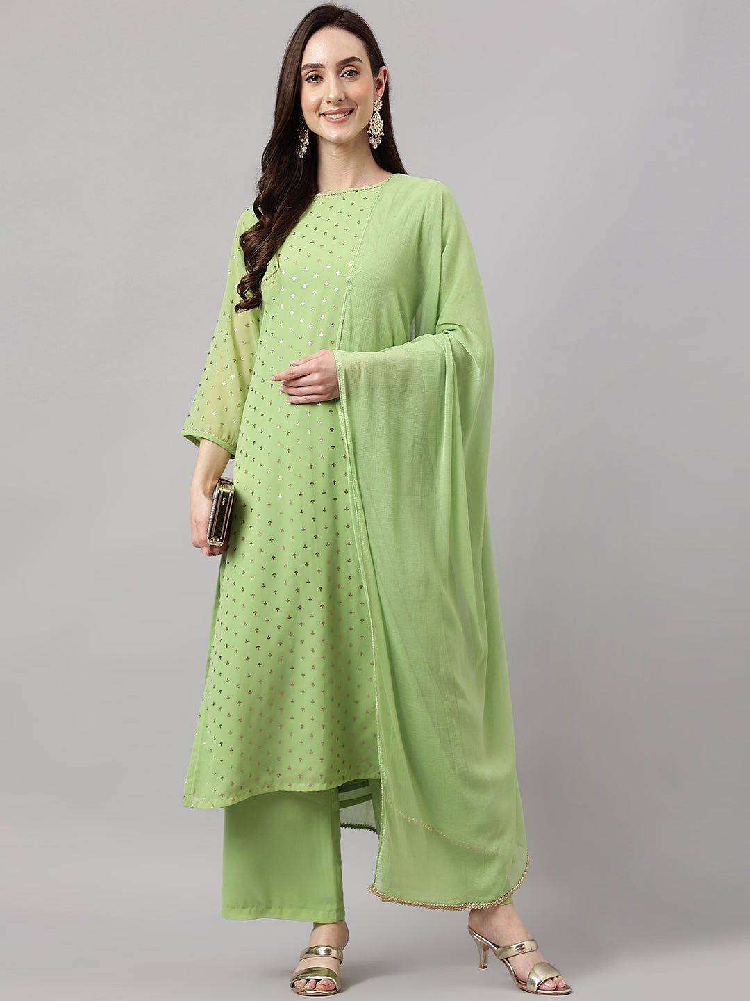 Janasya Women's Green Georgette Foil Printed Straight Festive Kurta Set | Swadesiicart