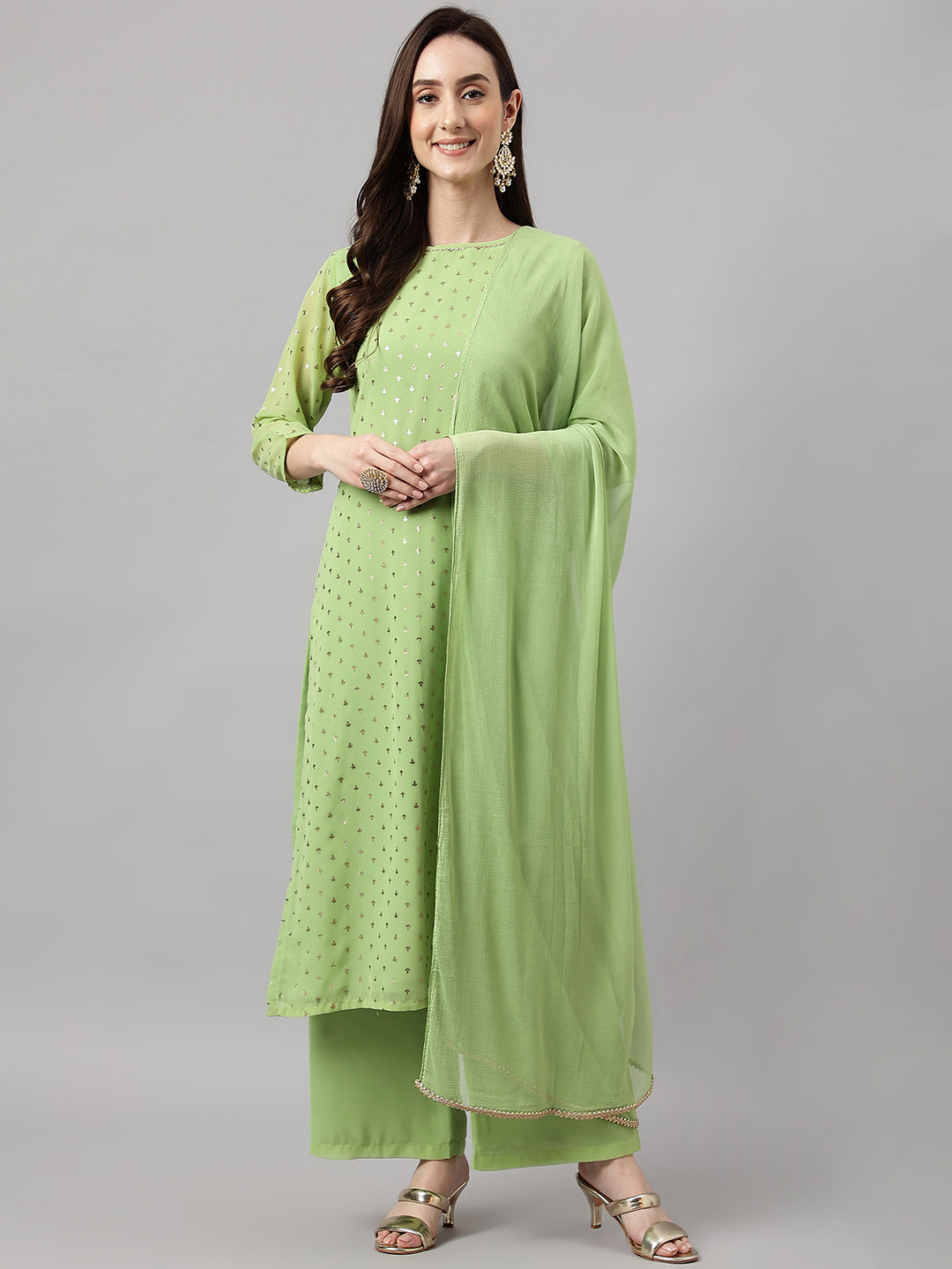 Janasya Women's Green Georgette Foil Printed Straight Festive Kurta Set | Swadesiicart