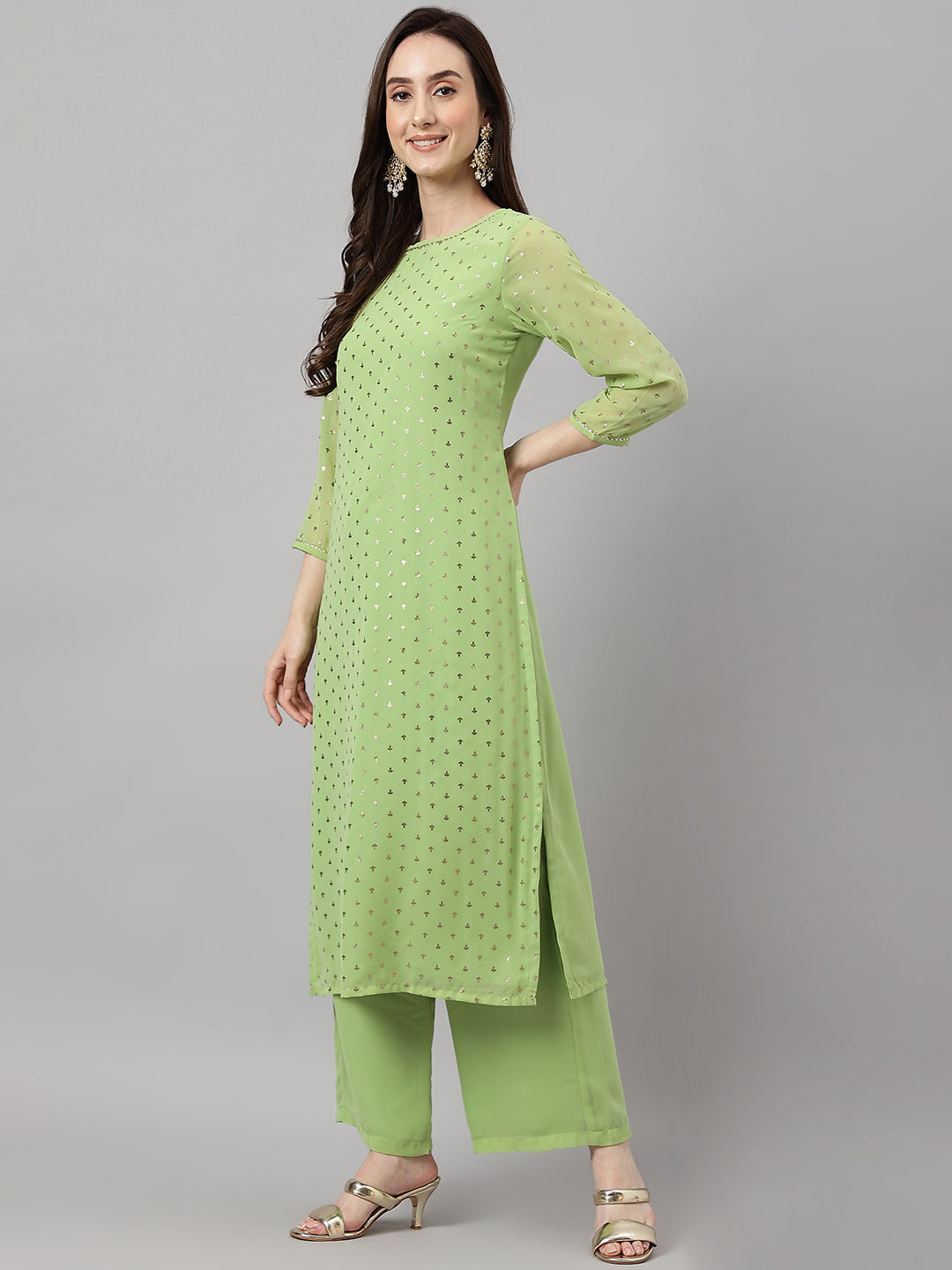 Janasya Women's Green Georgette Foil Printed Straight Festive Kurta Set | Swadesiicart