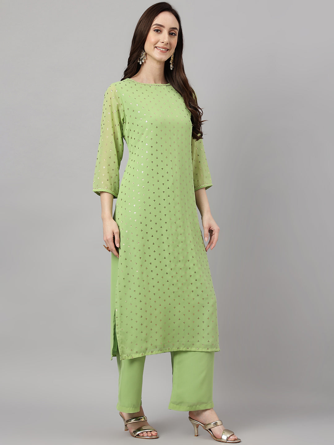 Janasya Women's Green Georgette Foil Printed Straight Festive Kurta Set | Swadesiicart