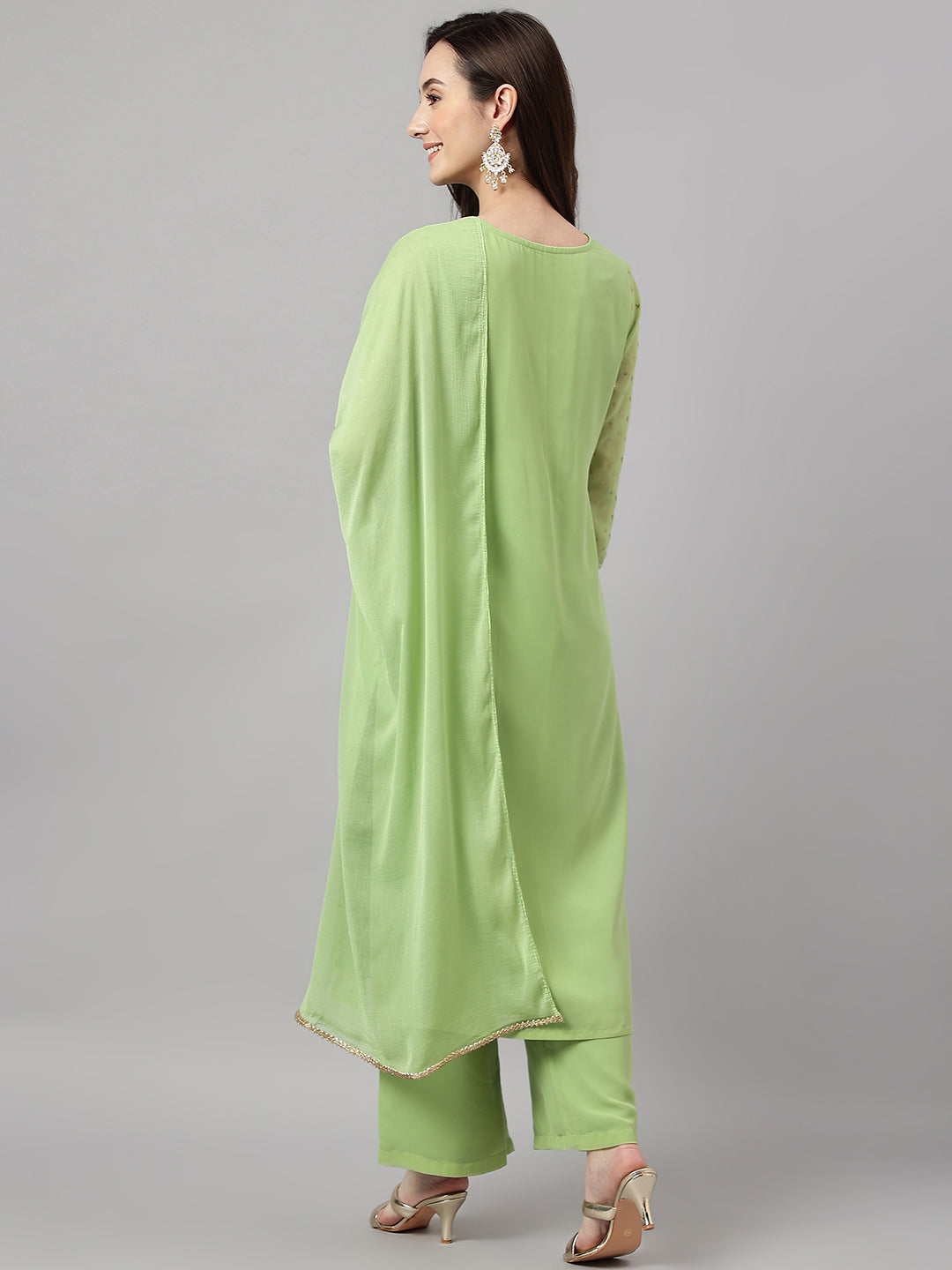 Janasya Women's Green Georgette Foil Printed Straight Festive Kurta Set | Swadesiicart