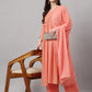 Janasya Women's Peach Georgette Foil Printed Gathered Festive Kurta Set | Swadesiicart
