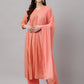 Janasya Women's Peach Georgette Foil Printed Gathered Festive Kurta Set | Swadesiicart