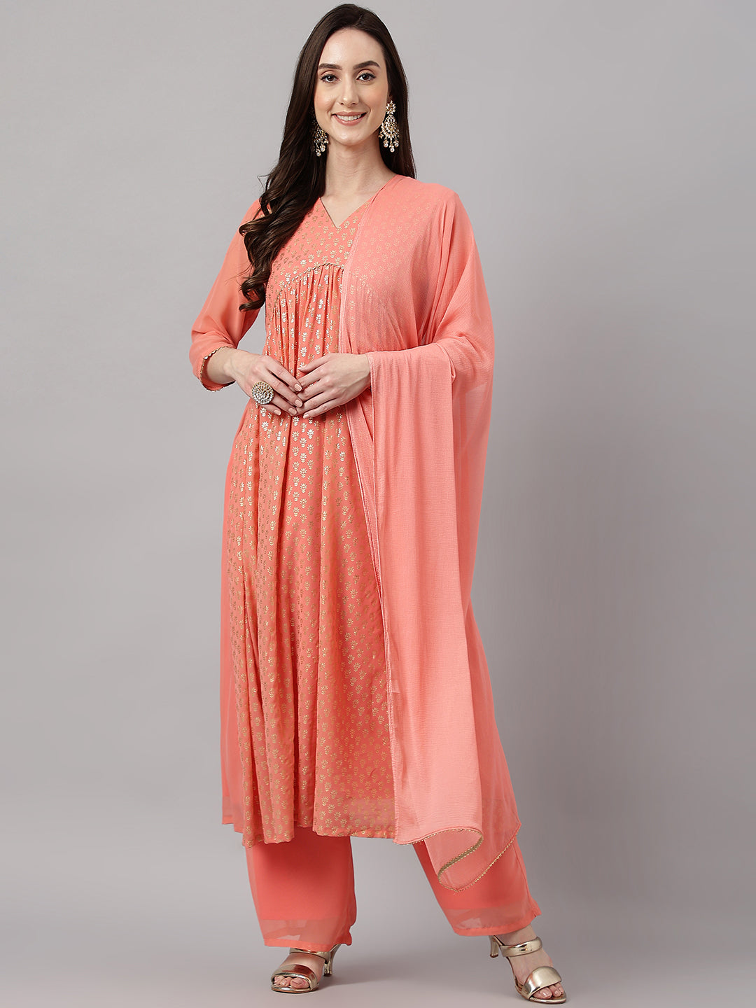 Janasya Women's Peach Georgette Foil Printed Gathered Festive Kurta Set | Swadesiicart