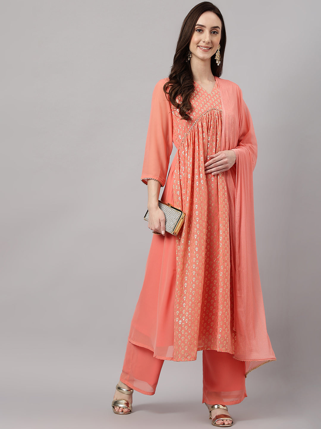 Janasya Women's Peach Georgette Foil Printed Gathered Festive Kurta Set | Swadesiicart