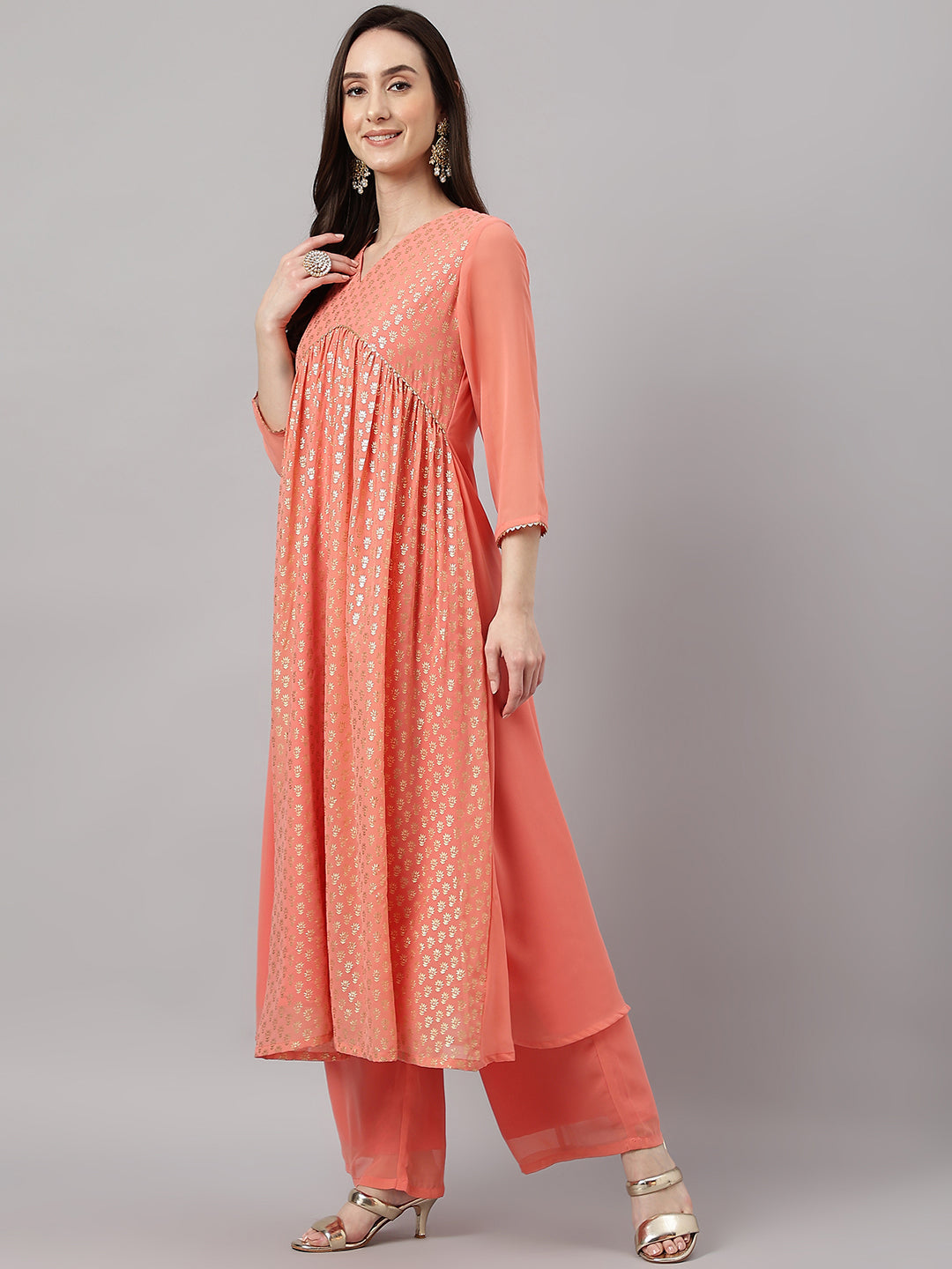 Janasya Women's Peach Georgette Foil Printed Gathered Festive Kurta Set | Swadesiicart
