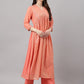 Janasya Women's Peach Georgette Foil Printed Gathered Festive Kurta Set | Swadesiicart