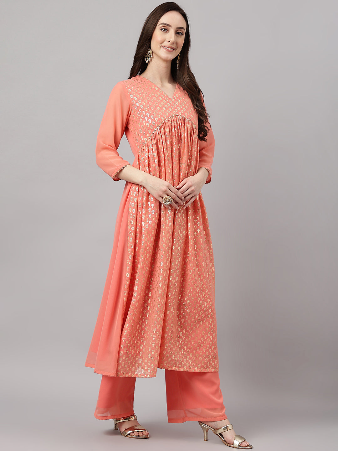 Janasya Women's Peach Georgette Foil Printed Gathered Festive Kurta Set | Swadesiicart