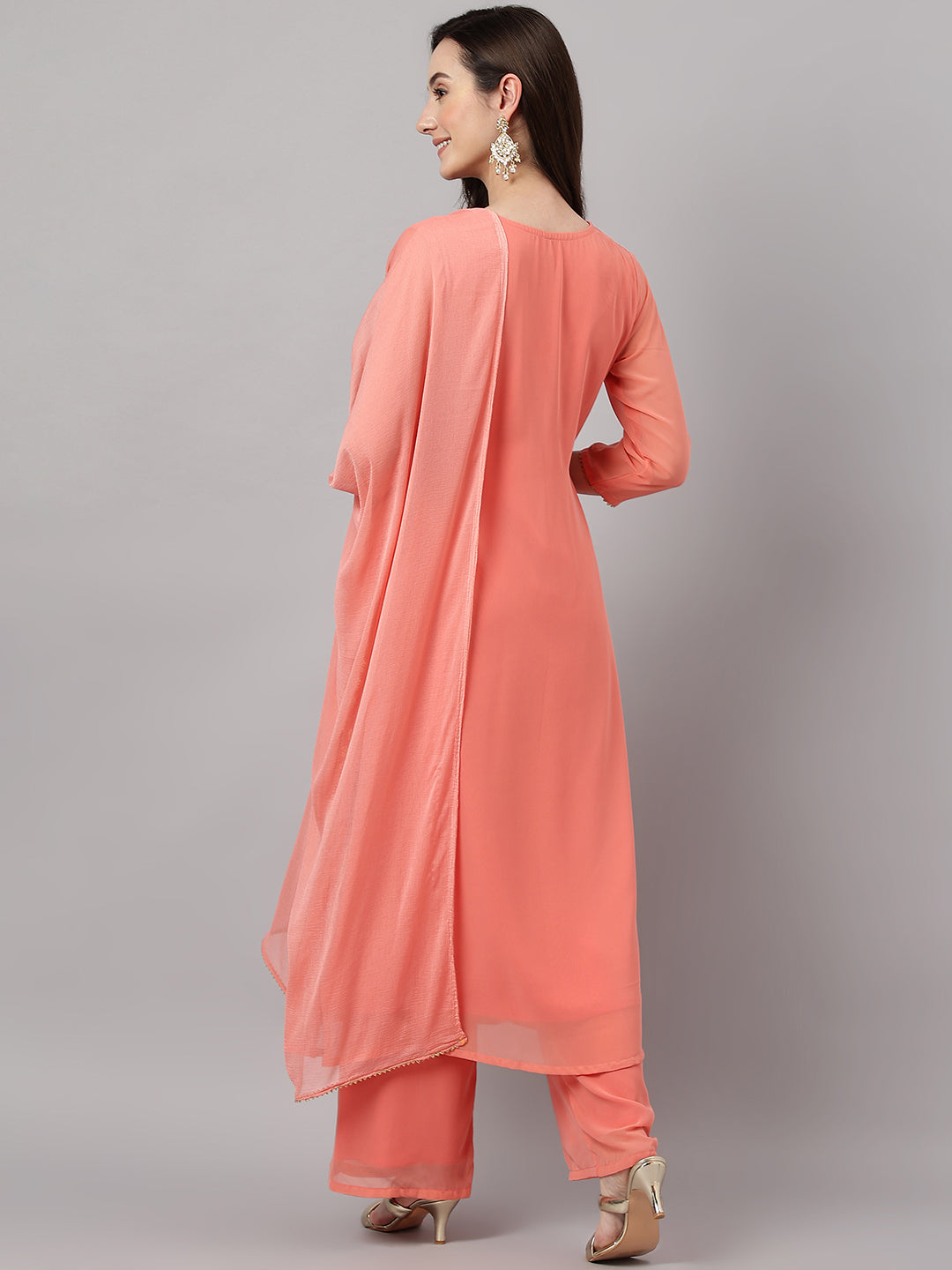 Janasya Women's Peach Georgette Foil Printed Gathered Festive Kurta Set | Swadesiicart