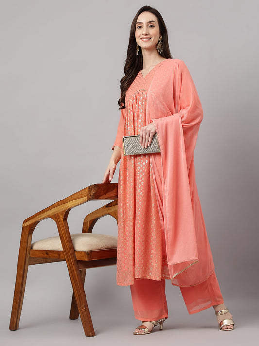 Janasya Women's Peach Georgette Foil Printed Gathered Festive Kurta Set | Swadesiicart