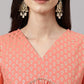 Janasya Women's Peach Georgette Foil Printed Gathered Festive Kurta Set | Swadesiicart