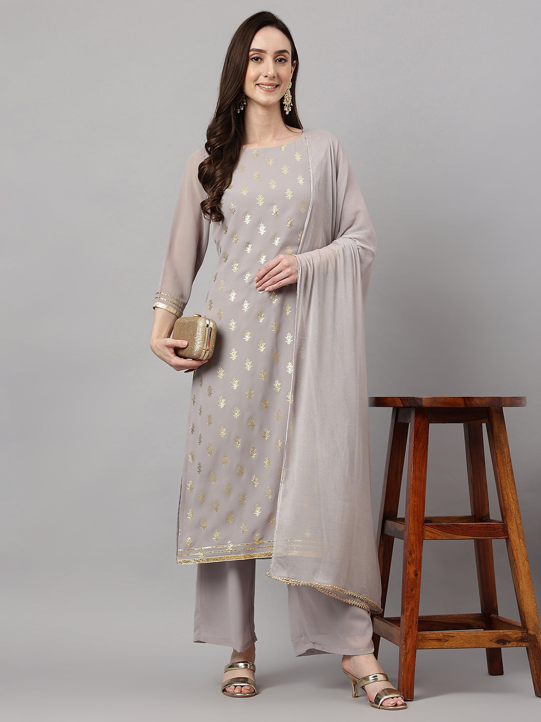 Janasya Women's Grey Georgette Foil Printed Straight Festive Kurta Set | Swadesiicart
