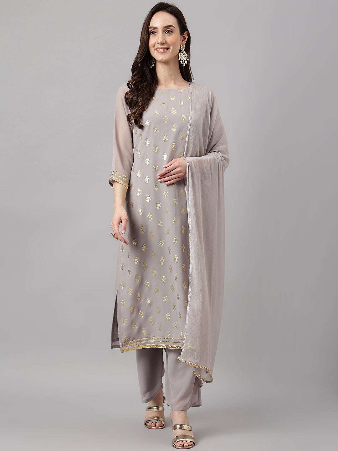 Janasya Women's Grey Georgette Foil Printed Straight Festive Kurta Set | Swadesiicart