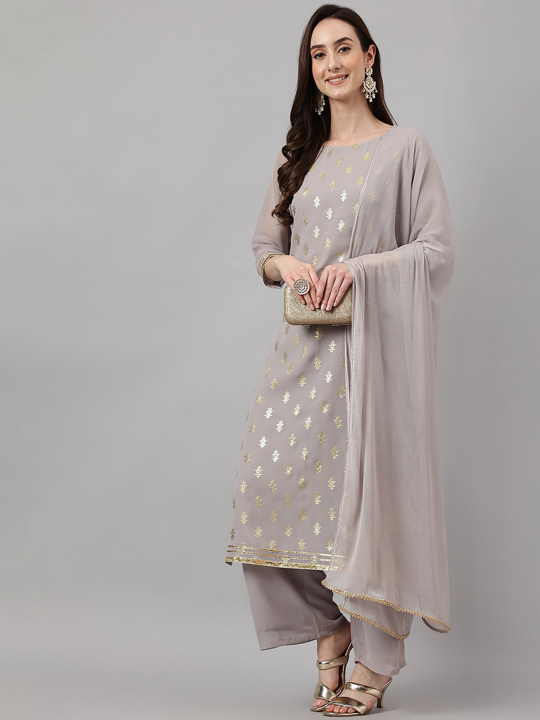 Janasya Women's Grey Georgette Foil Printed Straight Festive Kurta Set | Swadesiicart