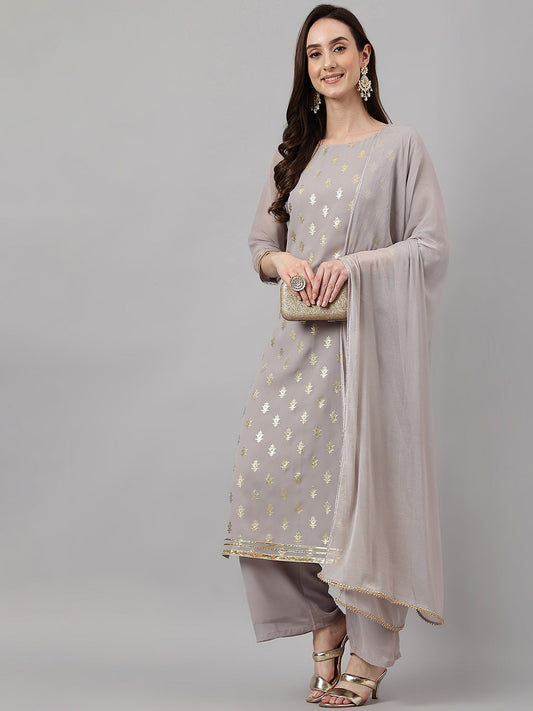 Janasya Women's Grey Georgette Foil Printed Straight Festive Kurta Set | Swadesiicart
