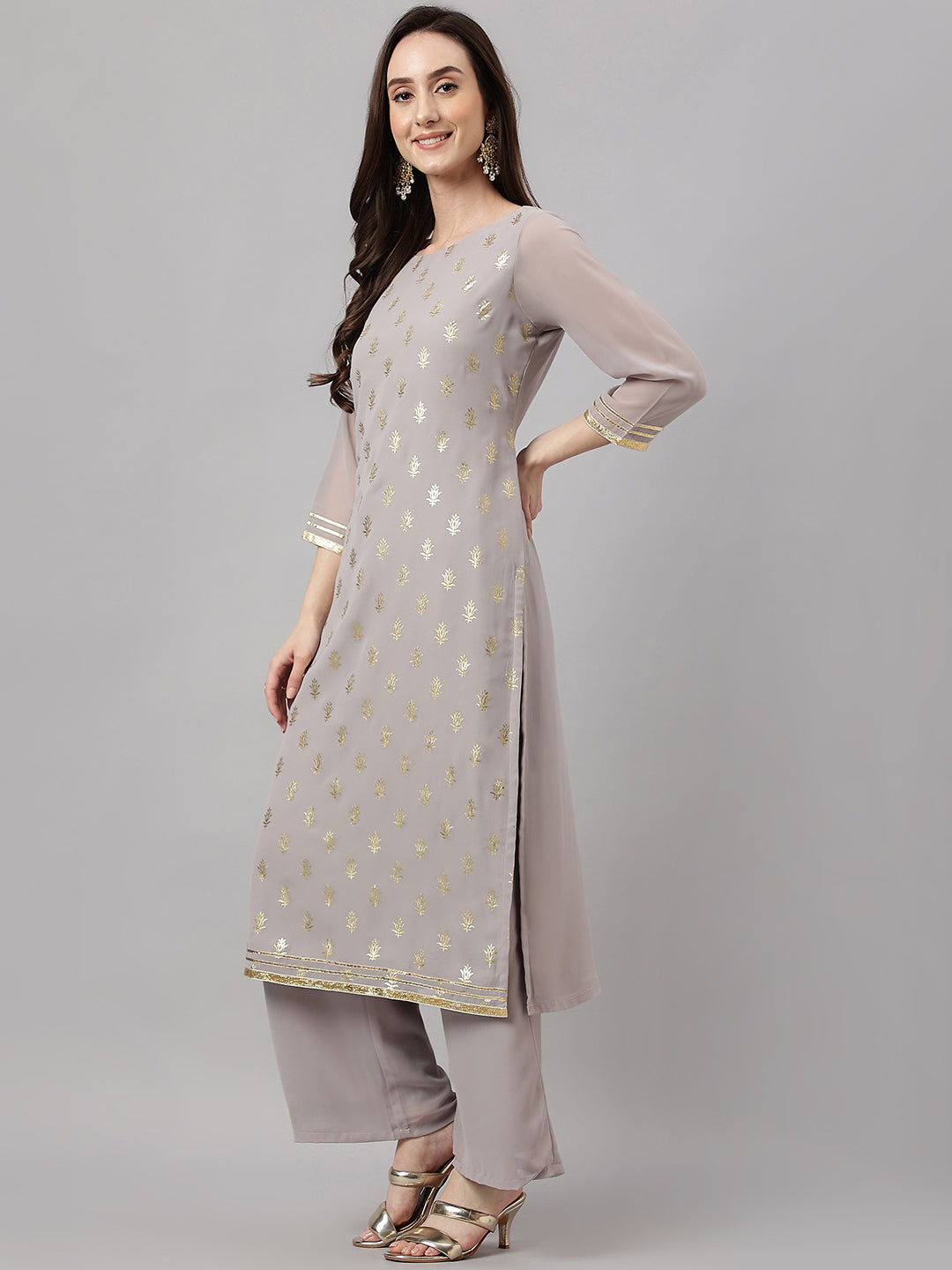 Janasya Women's Grey Georgette Foil Printed Straight Festive Kurta Set | Swadesiicart