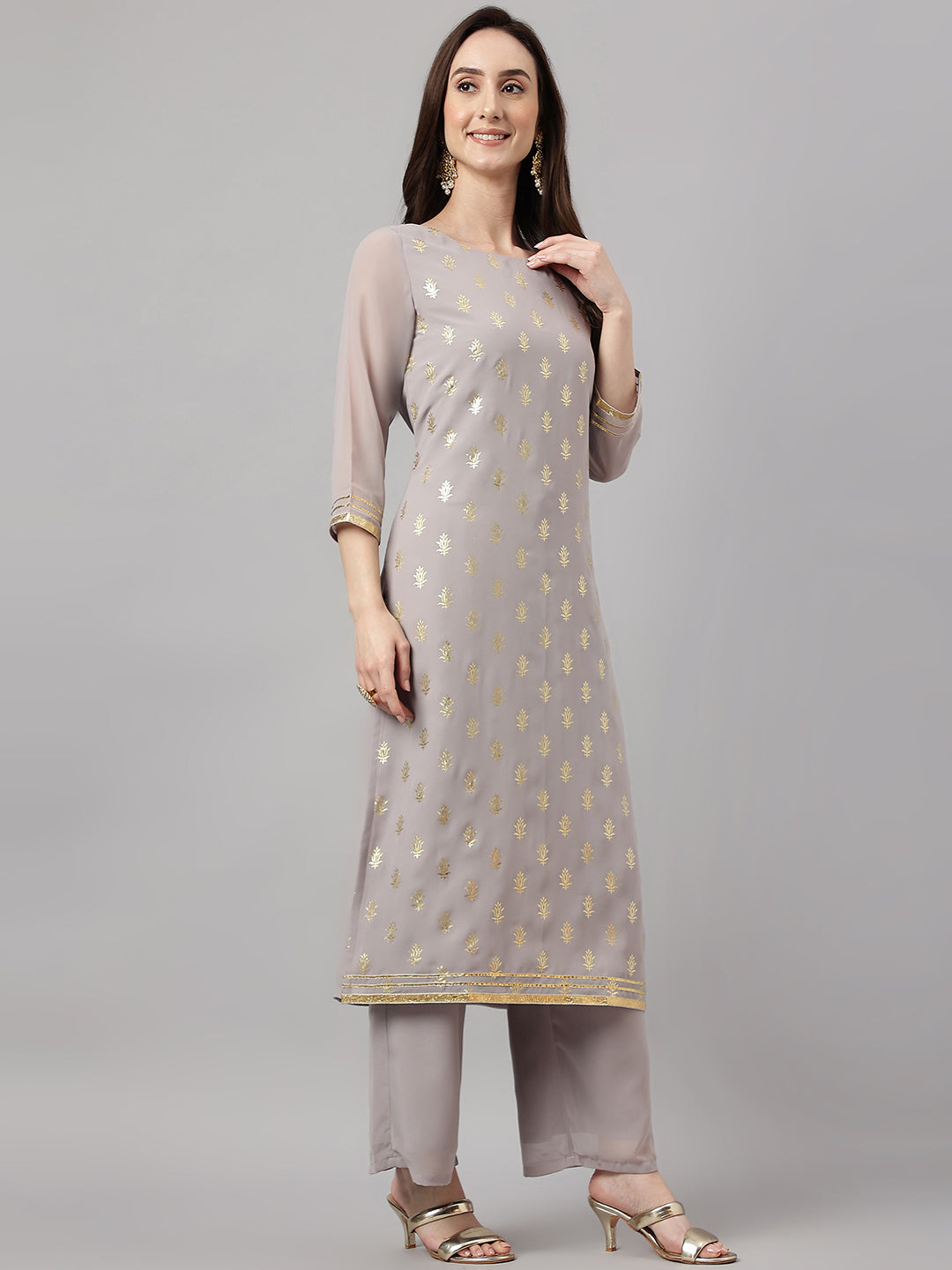 Janasya Women's Grey Georgette Foil Printed Straight Festive Kurta Set | Swadesiicart