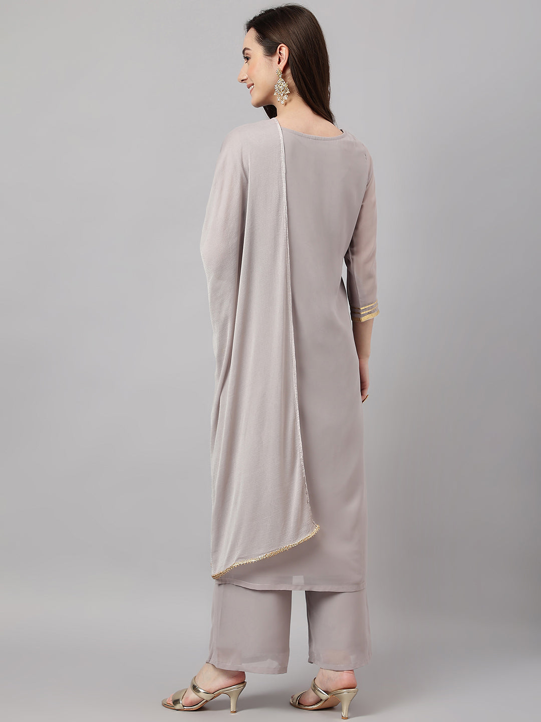 Janasya Women's Grey Georgette Foil Printed Straight Festive Kurta Set | Swadesiicart