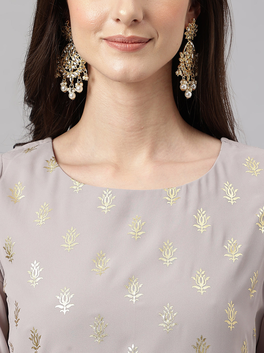 Janasya Women's Grey Georgette Foil Printed Straight Festive Kurta Set | Swadesiicart