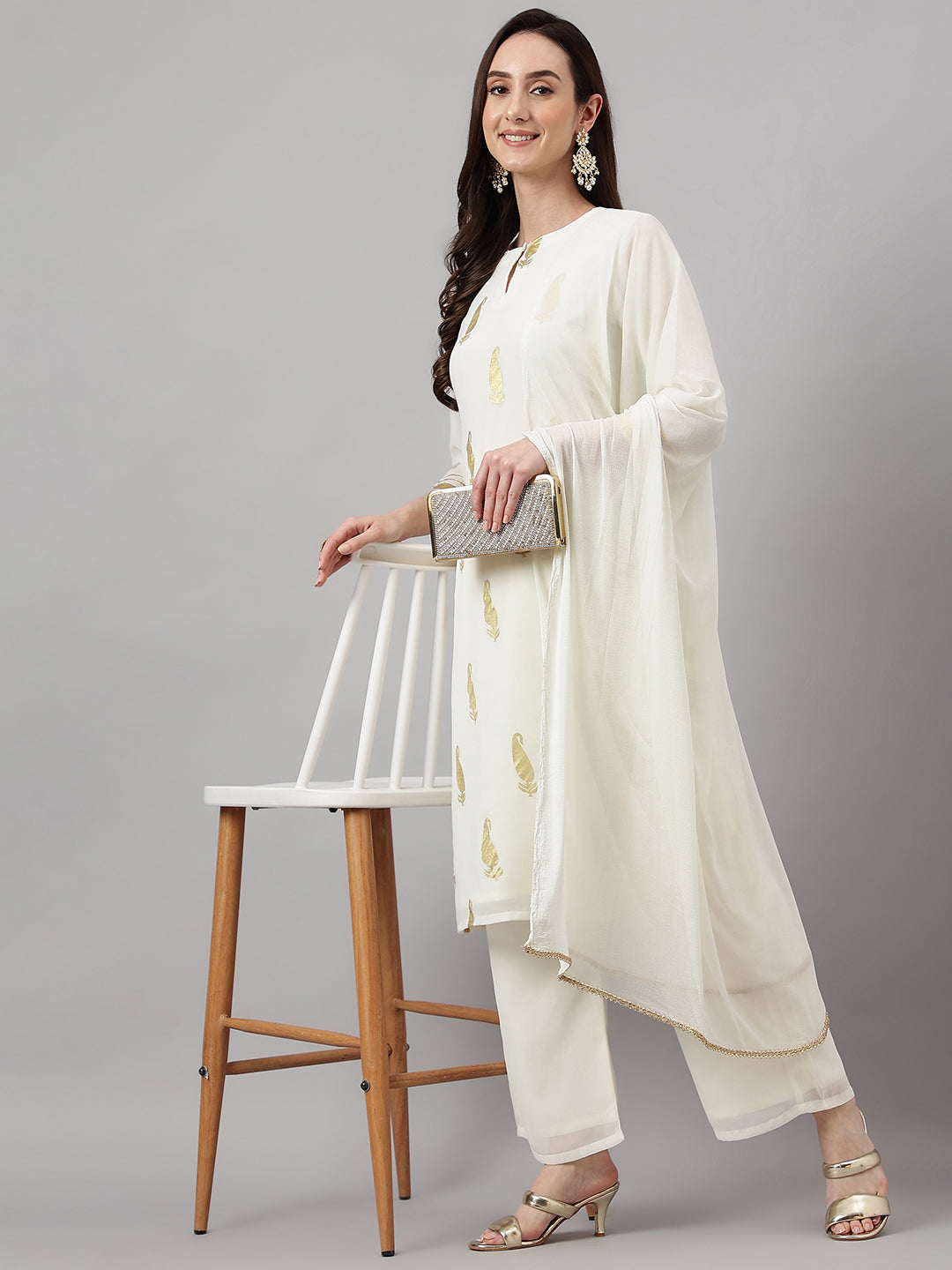 Janasya Women's Off White Georgette Foil Printed Straight Festive Kurta Set | Swadesiicart