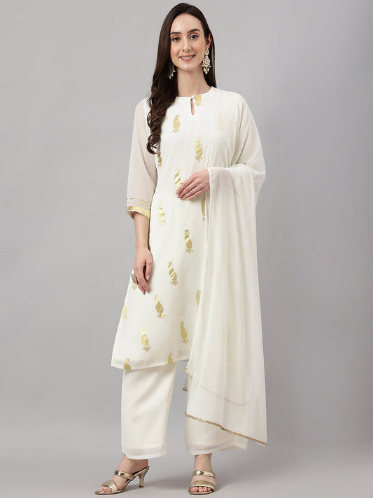 Janasya Women's Off White Georgette Foil Printed Straight Festive Kurta Set | Swadesiicart