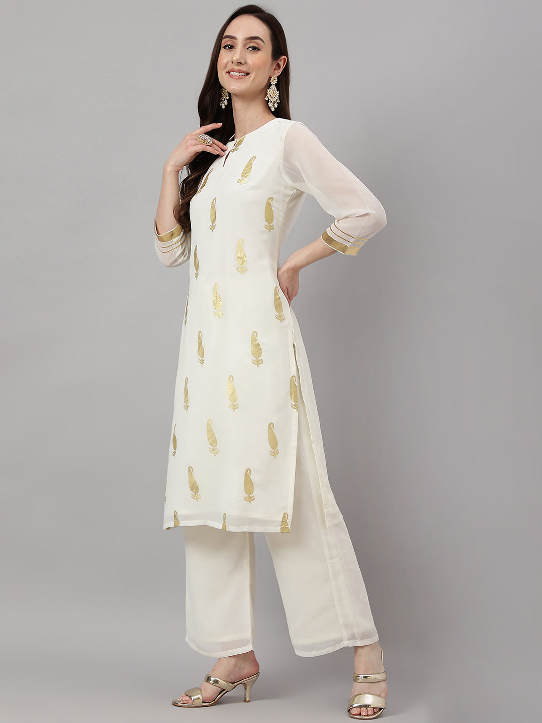 Janasya Women's Off White Georgette Foil Printed Straight Festive Kurta Set | Swadesiicart