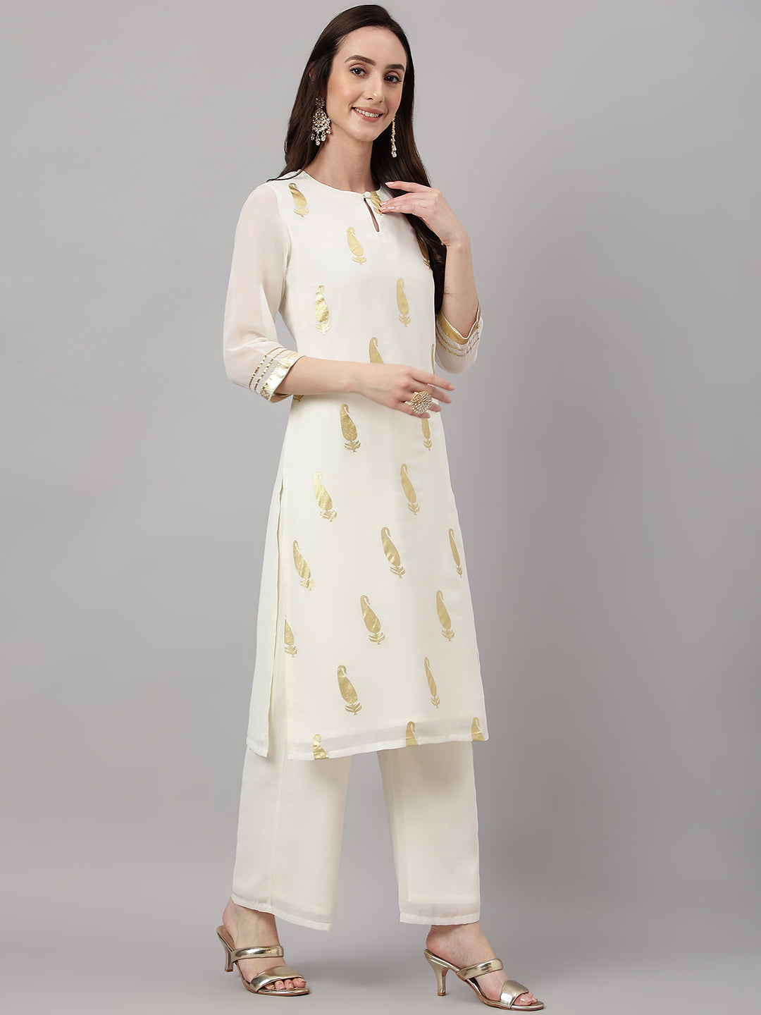 Janasya Women's Off White Georgette Foil Printed Straight Festive Kurta Set | Swadesiicart