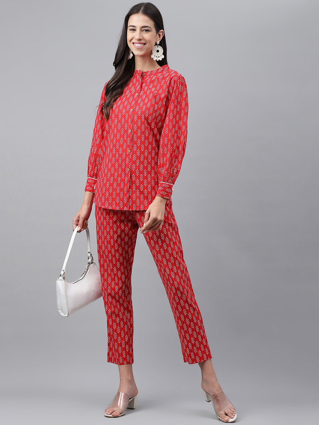 Janasya Women's Red Cotton Ethnic Motifs Regular Casual Top Set - Swadesiicart