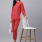 Janasya Women's Red Cotton Ethnic Motifs Regular Casual Top Set - Swadesiicart