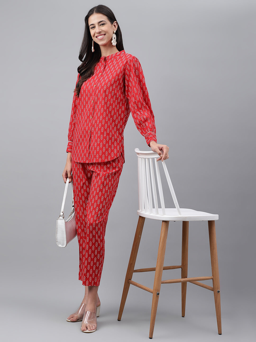 Janasya Women's Red Cotton Ethnic Motifs Regular Casual Top Set - Swadesiicart